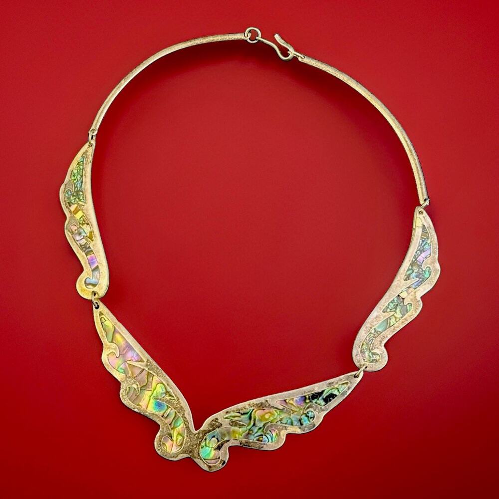 Vintage TD Alpaca Mexico 17” Abalone Inlay Collar Necklace MCM